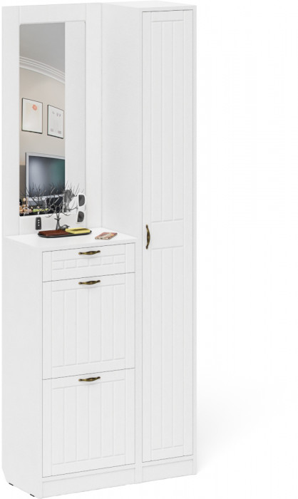 Прихожая П-6 Компоновка № 23, белая шагрень/фасады МДФ белое дерево фрезеровка прованс