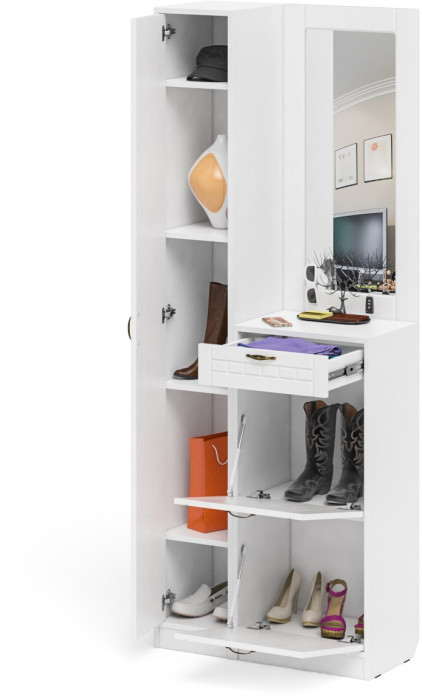 Прихожая П-6 Компоновка № 23, белая шагрень/фасады МДФ белое дерево фрезеровка прованс