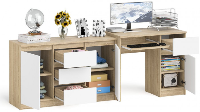 Мори компьютерный стол МС-1 правый + Комод МК1200.3, дуб сонома/белый