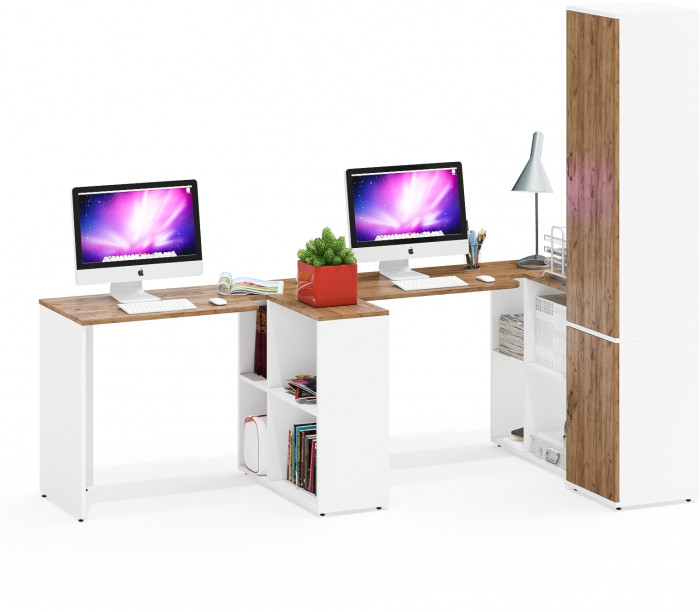 Лидер-8 Стол + Стол + Пенал МД 21Б, цвет белый шагрень/крафт золото, ШхГхВ 370х50/37,5х75/190 или 230х120/50х75/190 см., НЕ универсальная сборка