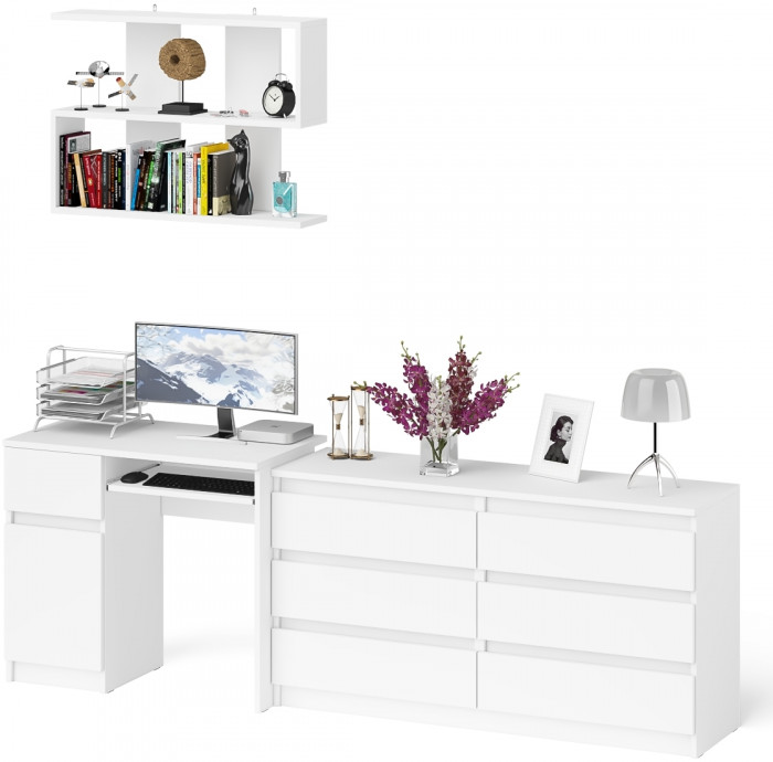 Мори Стол компьютерный МС-1 левый + Комод МК1380.6 + Полка 900, цвет белый, ШхГхВ 228х50х209,6 см., НЕ универсальная сборка