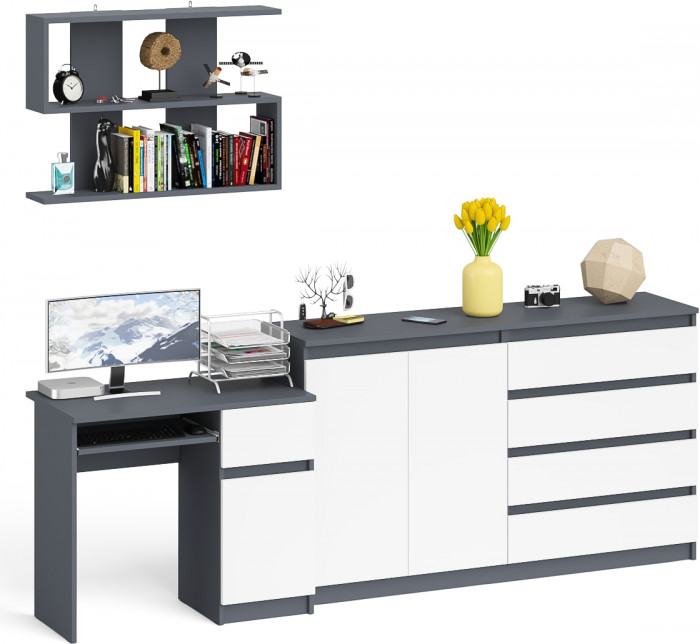 Мори Стол компьютерный МС-1 правый + Комод МК1600.1 + Полка 900, цвет графит, ШхГхВ 250,4х50х209,6 см., НЕ универсальная сборка