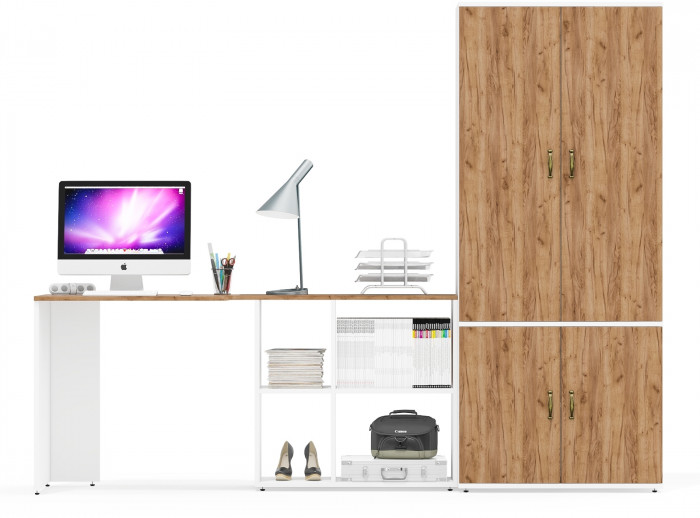 Лидер-8 Стол + Шкаф МД 20Б, цвет белый шагрень/крафт золото, ШхГхВ 245х50/37,5х75/190 или 115х160/50х75/190 см., НЕ универсальная сборка