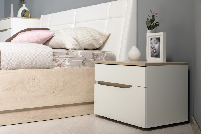 Муссон Кровать 11.28 + под. ортопед + Тумба 16.03 + Комод 13.97 + Тумба ТВ 13.276, белый/чёрный/дуб эндгрейн элегантный/кожзам белый, 1600х2000, б/м