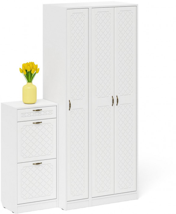 Прихожая П-6 Компоновка № 48, цвет белая шагрень/фасады МДФ белое дерево фрезеровка ромб, ШхГхВ 140х50х210 см., универсальная сборка