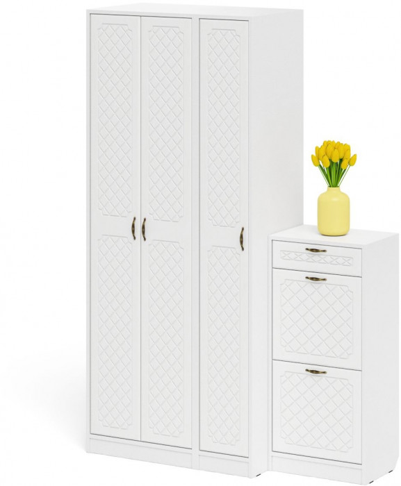 Прихожая П-6 Компоновка № 48, цвет белая шагрень/фасады МДФ белое дерево фрезеровка ромб, ШхГхВ 140х50х210 см., универсальная сборка