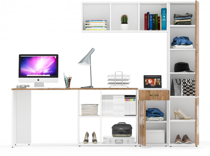 Лидер-8 Стол + Полка + Тумба МД 3.15 + Пенал МД 22Б, белый шагрень/крафт золото