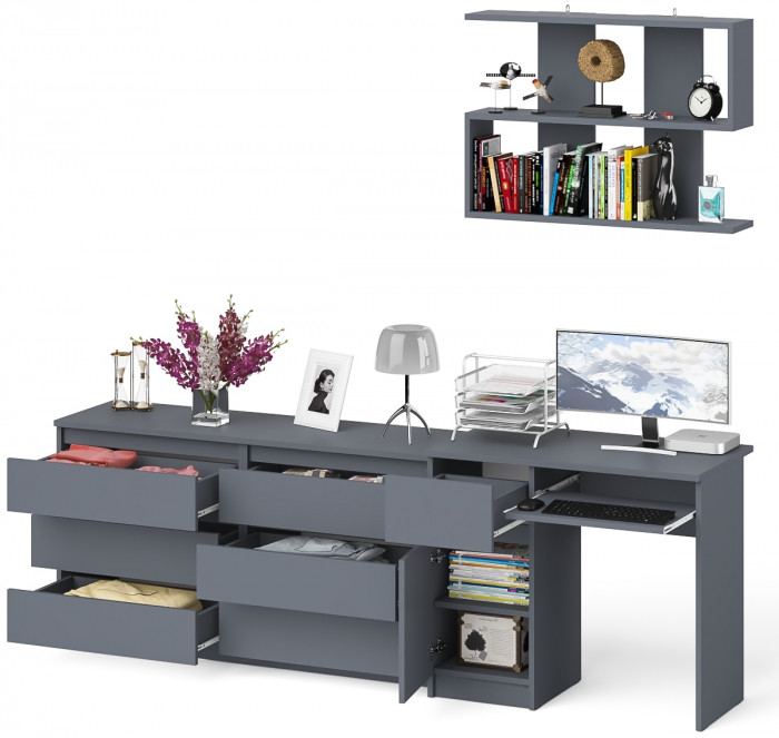 Мори Стол компьютерный МС-1 левый + Комод МК1380.6 + Полка 900, цвет графит, ШхГхВ 228х50х209,6 см., НЕ универсальная сборка