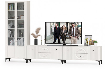 Валенсия Гостиная № 082, цвет ЛДСП белый шагрень/МДФ белый шагрень, ШхГхВ 350,3х38,3х225,2 см., универсальная сборка