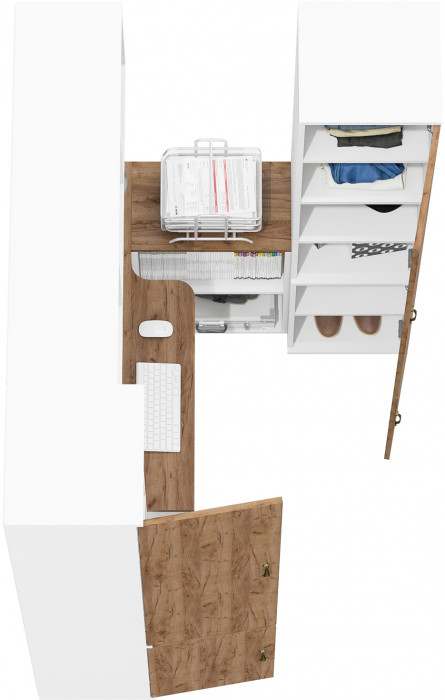 Лидер-8 Стол + Полка + Пенал МД 22Б + Пенал МД 22Б, белый шагрень/крафт золото