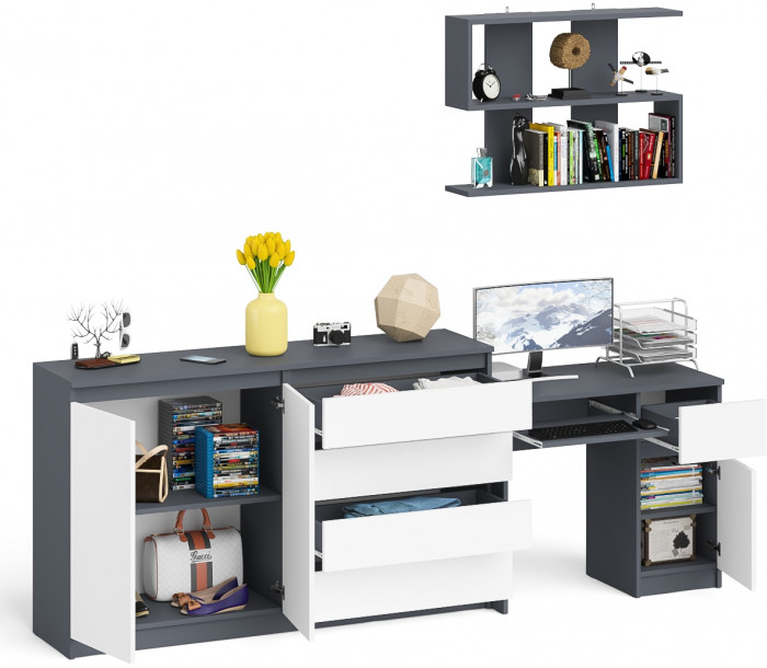 Мори Стол компьютерный МС-1 правый + Комод МК1600.1 + Полка 900, цвет графит/белый, ШхГхВ 250,4х50х209,6 см., НЕ универсальная сборка