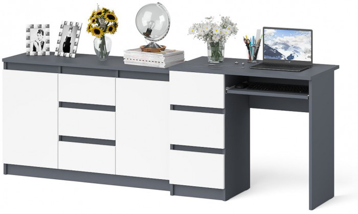 Мори Стол компьютерный МС-6 левый + Комод МК1200.3, цвет графит/белый, ШхГхВ 210,4х50х76,6 см., выдвижные ящики слева, НЕ универсальная сборка