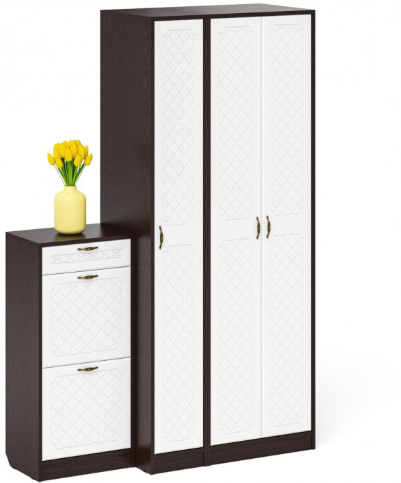 Прихожая П-6 Компоновка № 48, венге/фасады МДФ белое дерево фрезеровка ромб