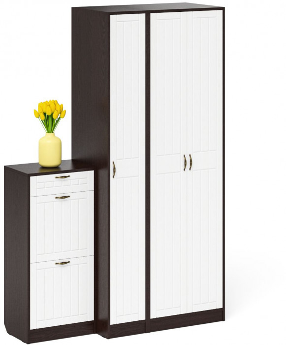 Прихожая П-6 Компоновка № 48, цвет венге/фасады МДФ белое дерево фрезеровка прованс, ШхГхВ 140х50х210 см., универсальная сборка
