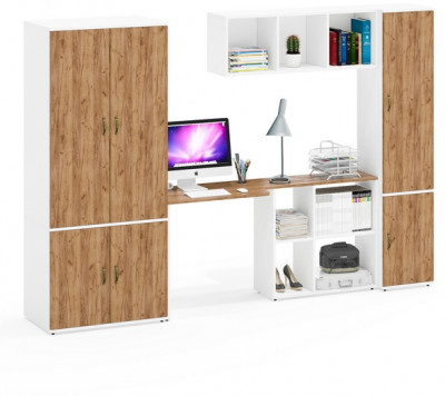 Лидер-8 Шкаф МД 19Б + Стол + Полка + Пенал 22Б, белый шагрень/крафт золото